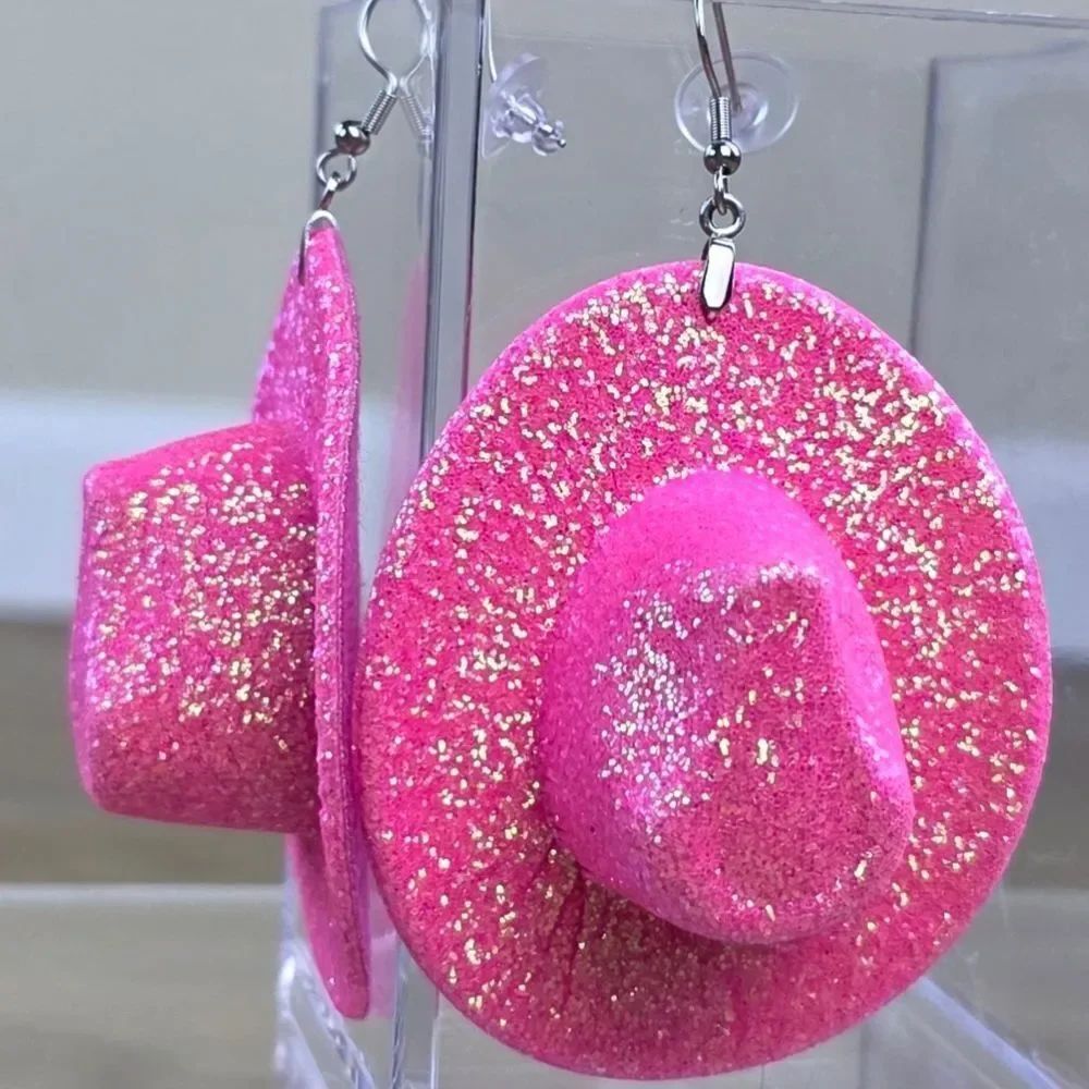 🔺️NIB Hot Pink Glittery Lightweight Cowgirl Hat Earrings